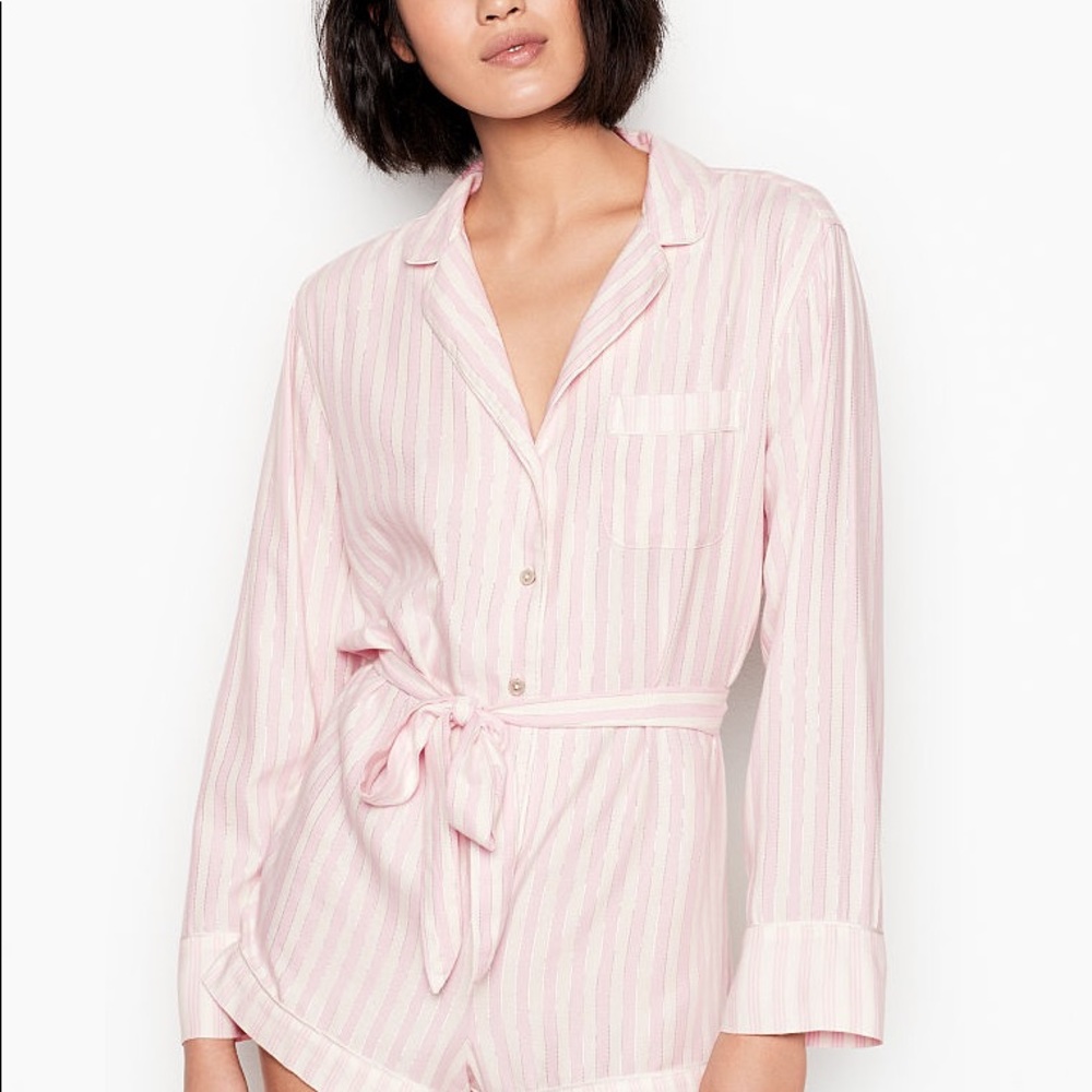 Victoria Secret Pink White Metallic Stripe Flannel Sleep Shorts Pajamas Romper